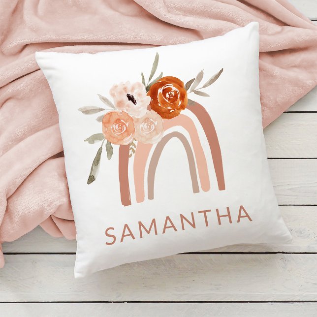 Boho Rainbow with Flowers | Neutral Colour Throw Pillow (Creator Uploaded)