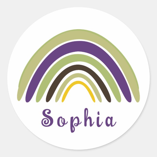 Boho Rainbow with Personalized Name in Green  Classic Round Sticker (Front)