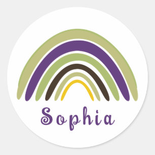 Boho Rainbow with Personalized Name in Green  Classic Round Sticker