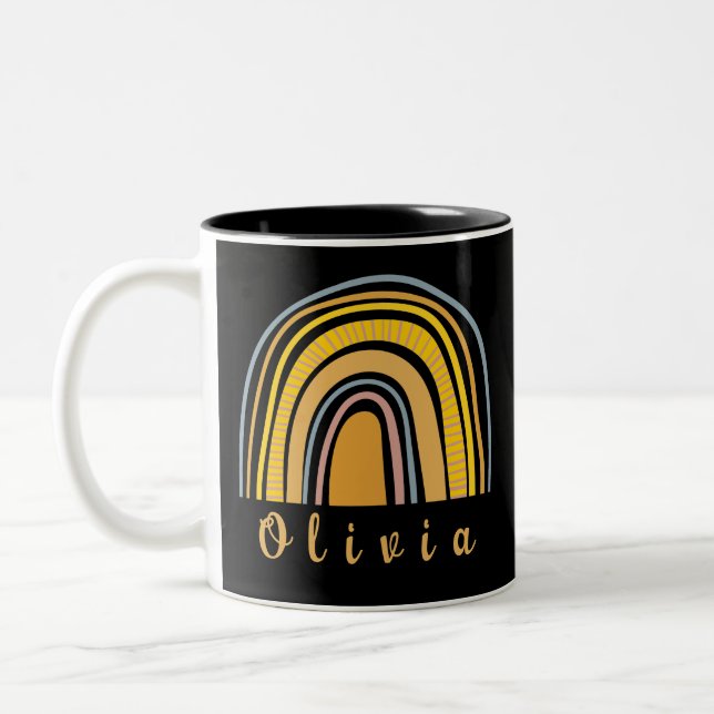 Boho Rainbow with Personalized Name Whimsical  Two-Tone Coffee Mug (Left)