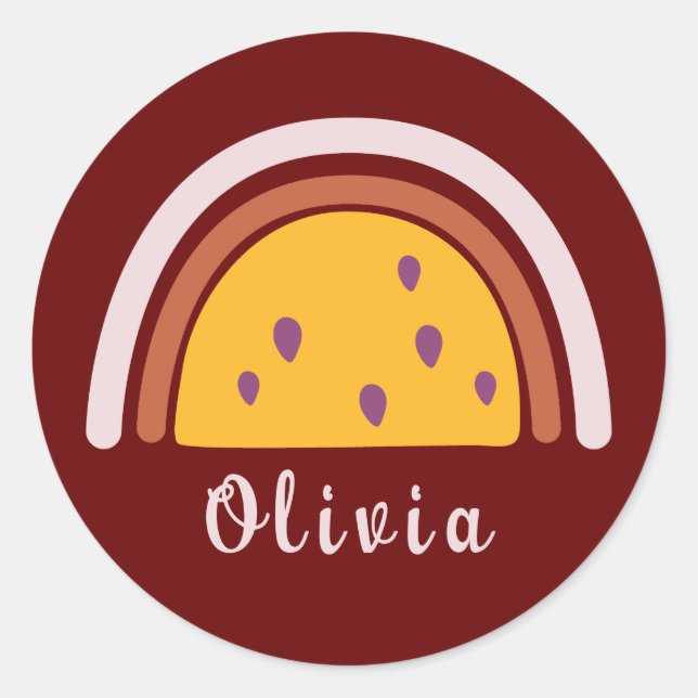 Boho Rainbow with Personalized Name Yellow Classic Round Sticker (Front)