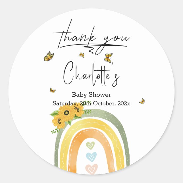 Boho Rainbow With Sunflowers Baby Shower Classic Round Sticker (Front)