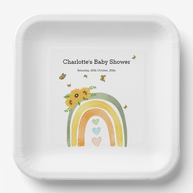 Boho Rainbow With Sunflowers Baby Shower Paper Plate (Front)