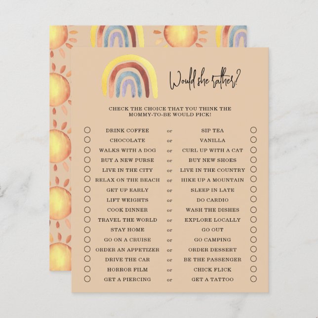 Boho Rainbow Would She Rather Baby Shower Game (Front/Back)