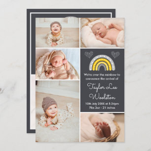 Boho Rainbow Yellow and Grey Birth Announcement