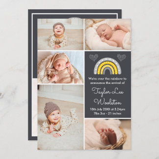 Boho Rainbow Yellow and Grey Birth Announcement