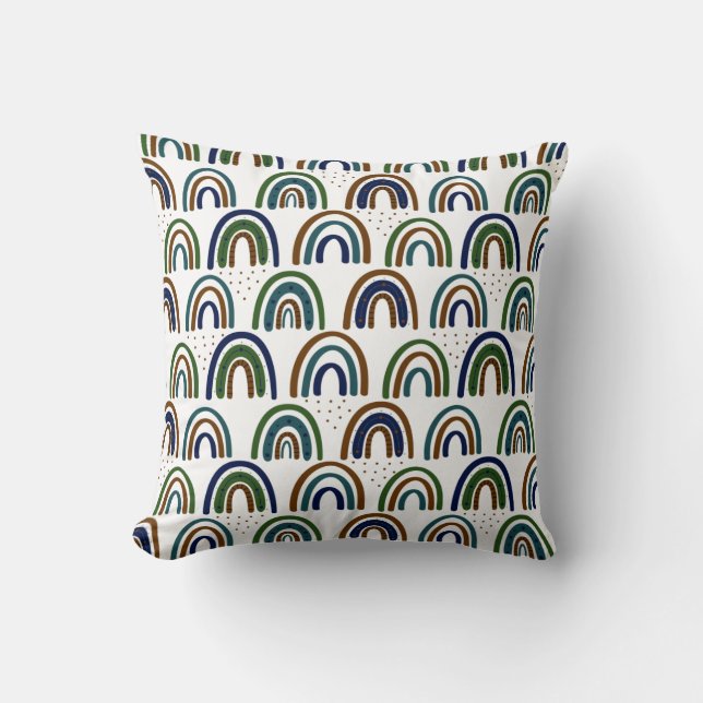 Boho Rainbows Blue Green and Brown Throw Pillow (Front)