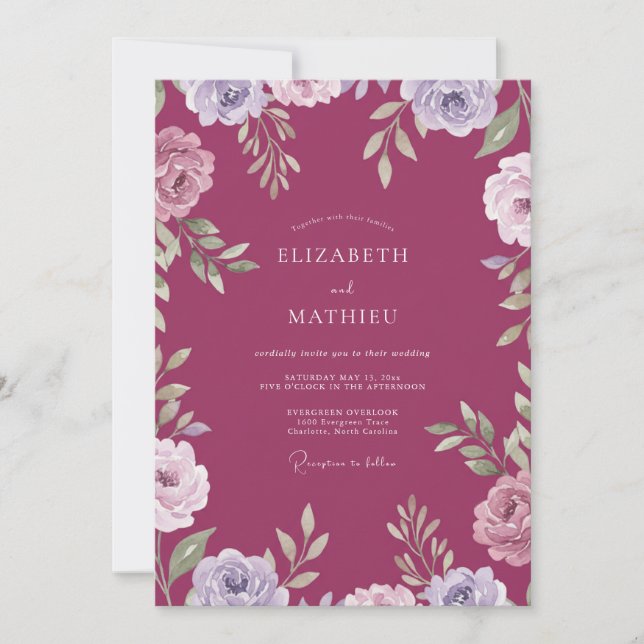 Boho Raspberry Ranunculus Painted Wedding Invitation (Front)