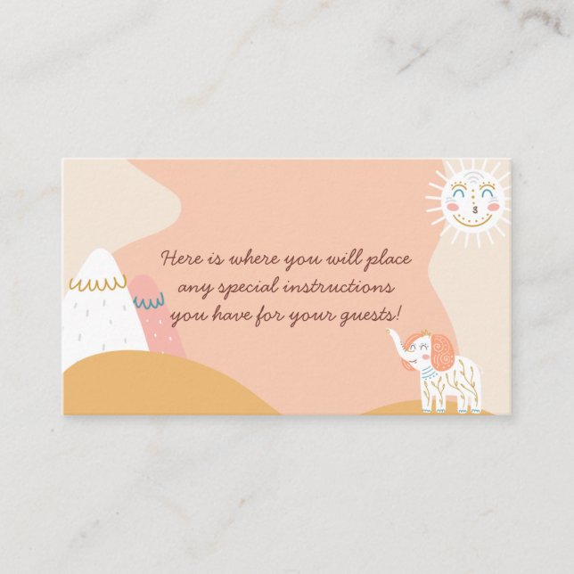 Boho Ray of Sunshine Elephant Muted Baby Shower Enclosure Card (Front)