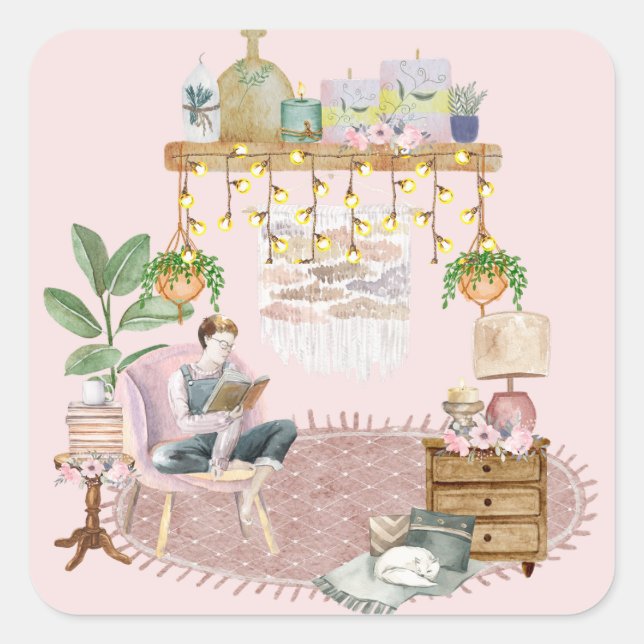 Boho Reading Room Square Sticker (Front)