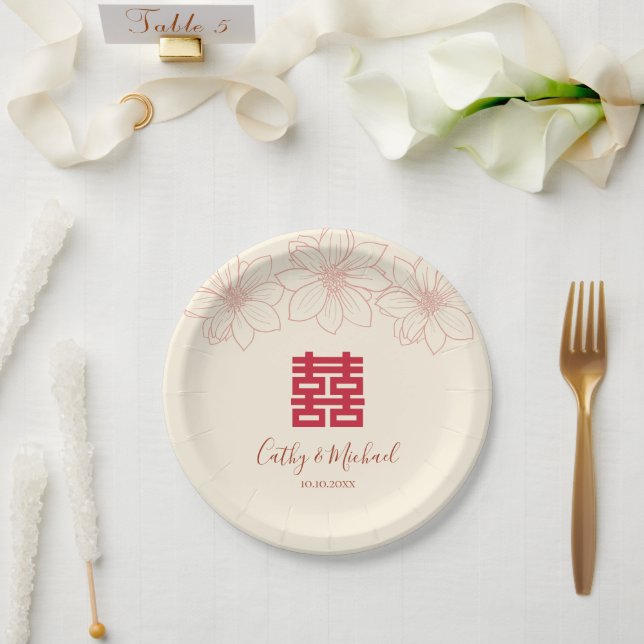 Boho red and beige floral Chinese wedding Paper Plate (Wedding)