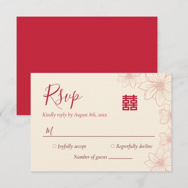 Boho red and beige floral Chinese wedding RSVP Card (Front/Back)