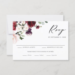 Boho Red and Purple Watercolor Flowers Wedding RSVP Card