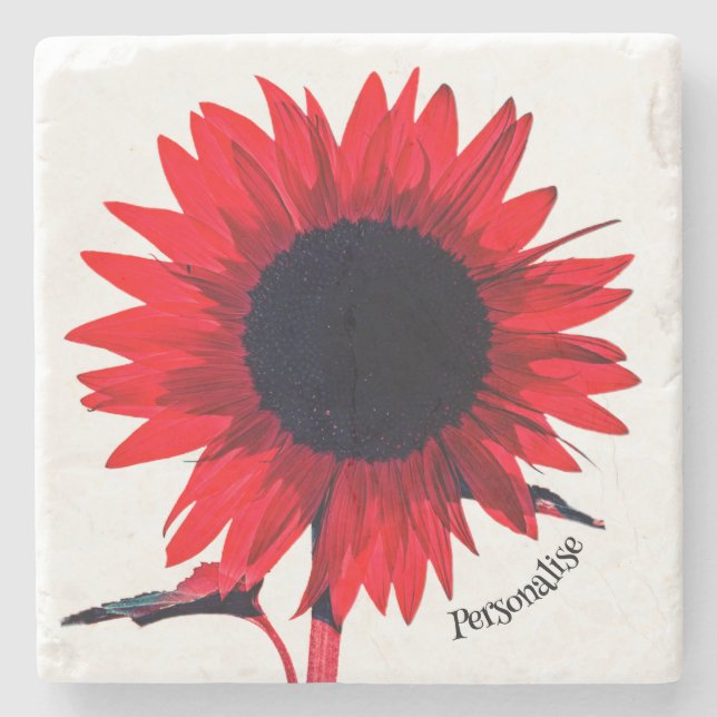 Boho Red Black Sunflower Personalised Stone Coaster (Front)