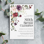 Boho Red Blush and Purple 80th Birthday Party Invitation<br><div class="desc">Honour someone special on their 80th birthday with this lovely watercolor floral birthday party invitation. It has a unique boho floral corner bouquet in the stylish colour combination of burgundy red, blush pink, plum purple, and peach with sumptuous greenery scattered throughout. It makes a wonderful choice for celebrations from mid-summer,...</div>