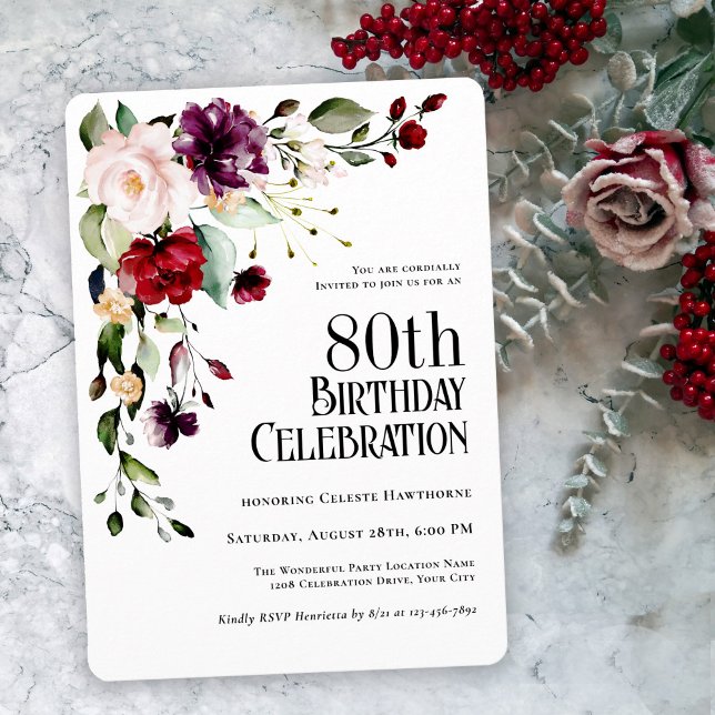 Boho Red Blush and Purple 80th Birthday Party Invitation (Creator Uploaded)