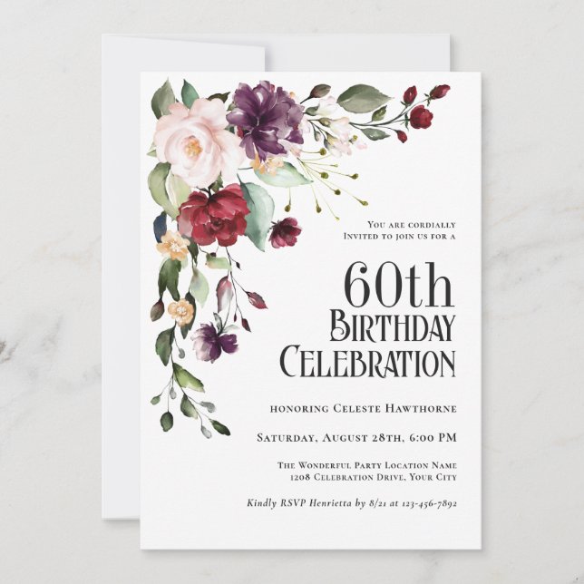 Boho Red Blush and Purple Floral 60th Birthday Invitation (Front)