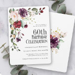 Boho Red Blush and Purple Floral 60th Birthday Invitation<br><div class="desc">Celebrate a 60th birthday in beautiful style with this unique watercolor floral birthday party invitation. It has a lovely floral corner bouquet in the stylish colour combination of burgundy red, blush pink, plum purple, and peach with sumptuous greenery scattered throughout. It makes a wonderful choice for celebrations from mid-summer, to...</div>