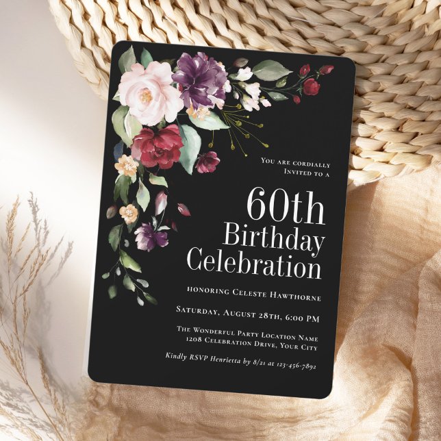 Boho Red Blush and Purple Floral 60th Birthday Invitation (Available as printed or paperless digital download!)