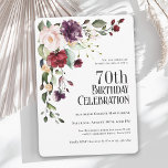 Boho Red, Blush and Purple Floral 70th Birthday Invitation<br><div class="desc">Celebrate a 70th birthday in beautiful style with this unique watercolor floral birthday party invitation. It has a lovely floral corner bouquet in the stylish colour combination of burgundy red, blush pink, plum purple, and peach with sumptuous greenery scattered throughout. It makes a wonderful choice for celebrations from mid-summer, to...</div>