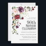 Boho Red Blush and Purple Floral 90th Birthday Invitation<br><div class="desc">Celebrate a 90th birthday in beautiful boho style with this unique watercolor floral birthday party invitation. It has a lovely floral corner bouquet in the stylish colour combination of burgundy red, blush pink, plum purple, and peach with sumptuous greenery scattered throughout. It makes a wonderful choice for celebrations from mid-summer,...</div>