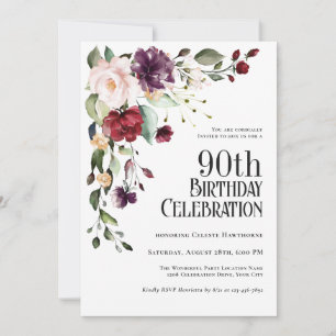 Boho Red Blush and Purple Floral 90th Birthday Invitation