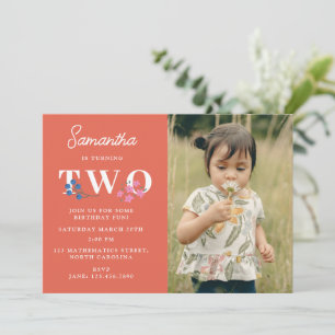Boho Red Floral Wildflowers Kids Photo Birthday Invitation