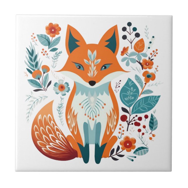 Boho Red Fox Scandinavian Folk Art Tile (Front)