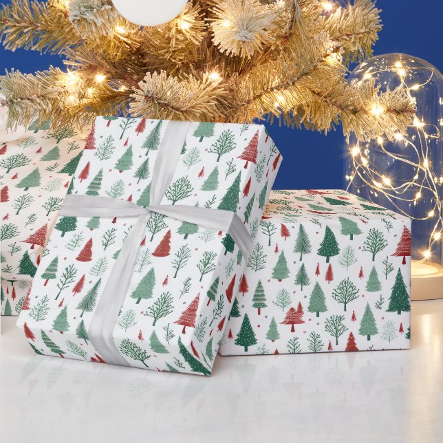Boho Red Green Christmas Trees Holiday Wrapping Paper (Holidays)