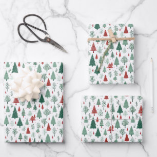 Boho Red Green Christmas Trees Holiday Wrapping Paper Sheet