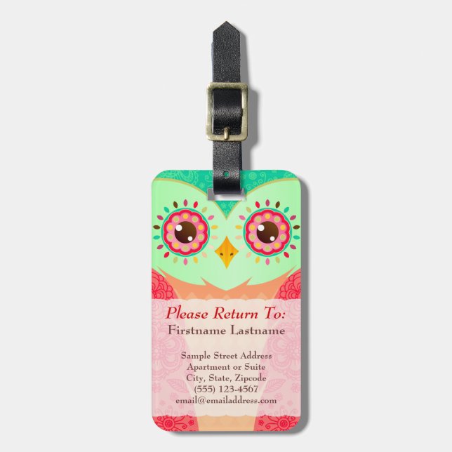 Boho Red & Green Owl Custom Luggage Tag (Front Vertical)