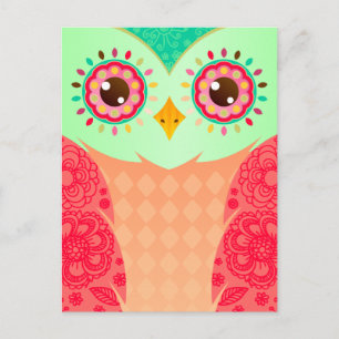 Boho Red & Green Owl Postcard