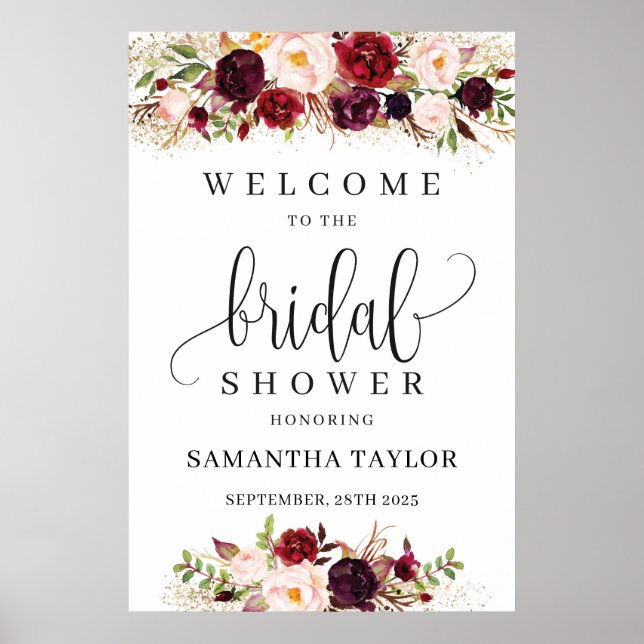 Boho red marsala floral bridal shower welcome sign (Front)
