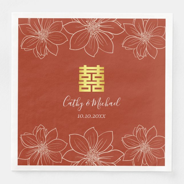Boho red modern floral Chinese wedding Napkin (Front)