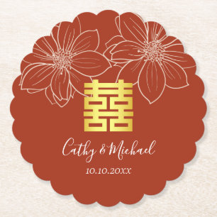 Boho red modern floral Chinese wedding Paper Coaster
