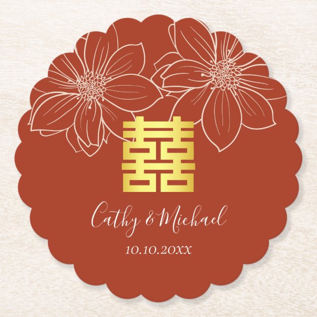 Boho red modern floral Chinese wedding Paper Coaster (Front)