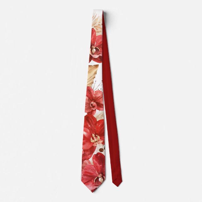 Boho Red Orchid & Dried Grasses Tie (Front)