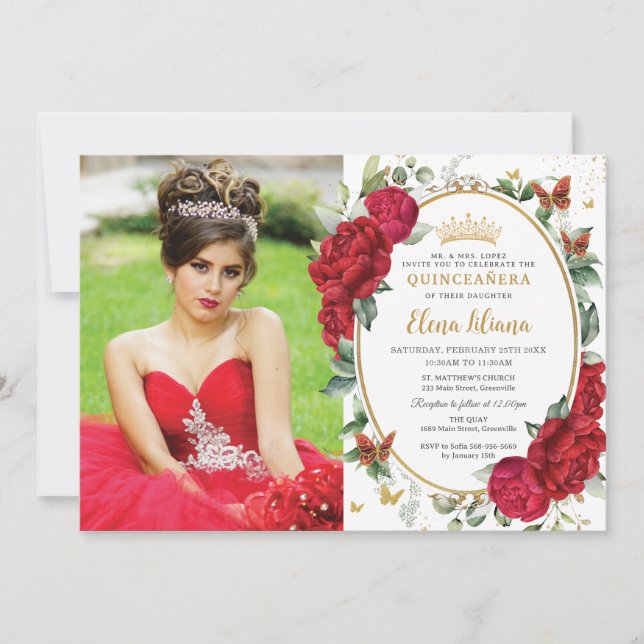 Boho Red Peonies Floral Butterflies Quinceañera  Invitation (Front)