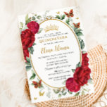 Boho Red Peonies Floral Butterflies Quinceañera  Invitation<br><div class="desc">Personalize this boho chic red floral Quinceañera / Sweet 16 birthday invitation easily and quickly. Simply click the customize it further button to edit the texts, change fonts and fonts colours. Featuring exquisite watercolor red peony flowers, butterflies and a gold trimmed oval space to put all your important celebration details....</div>