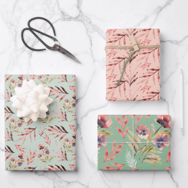 Boho Red Pink Green Watercolor Wildflovers  Wrapping Paper Sheet (Front)