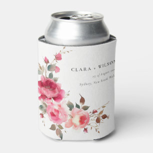 Boho Red Pink Rose Flowers Watercolor Wedding Can Cooler