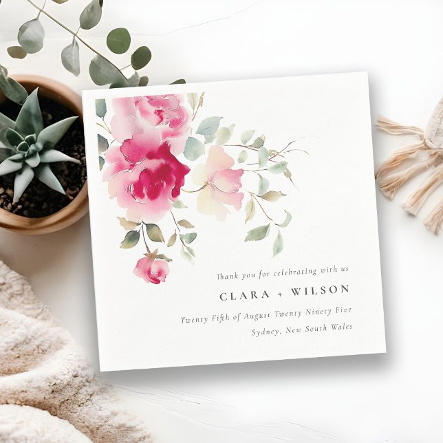 Boho Red Pink Rose Flowers Watercolor Wedding Napkin (Creator Uploaded)