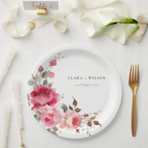 Boho Red Pink Rose Flowers Watercolor Wedding Paper Plate
