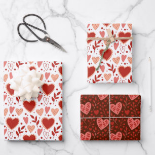 Boho Red Pink White Valentine Hearts Pattern Wrapping Paper Sheet