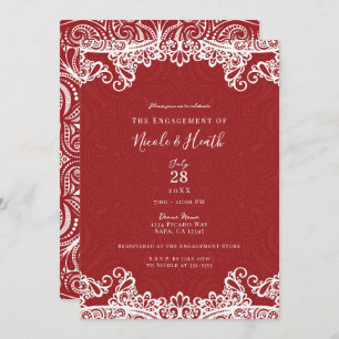 Boho Red & White Lace Bold Pattern Engagement  Invitation