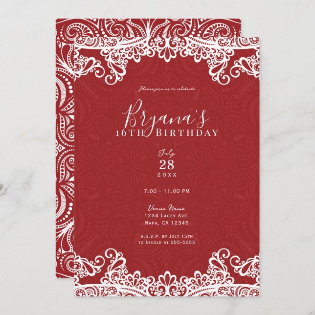 Boho Red & White Lace Bold Pattern Sweet 16 Party  Invitation (Front/Back)