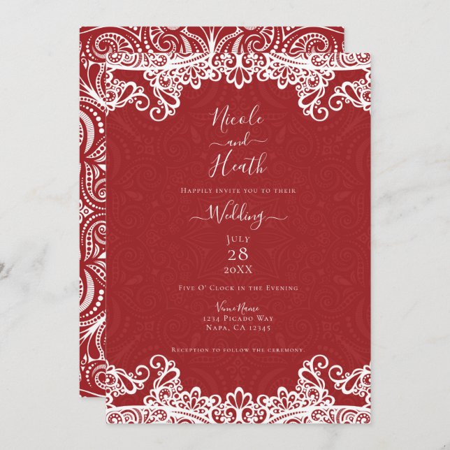 Boho Red & White Lace Bold Pattern Wedding Invitation (Front/Back)