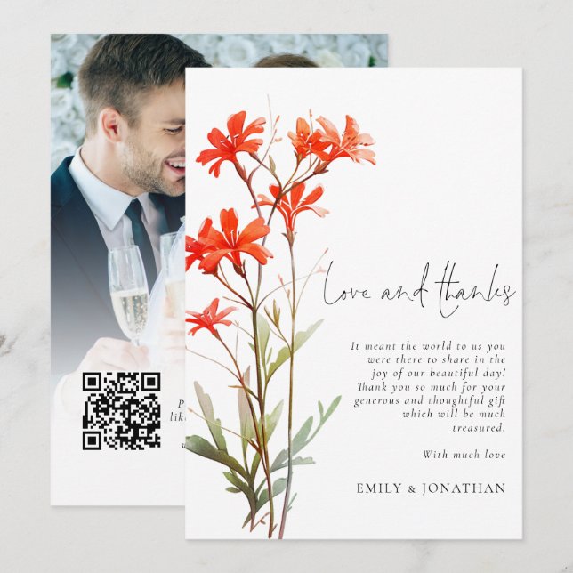Boho Red Wildflowers Photo QR Wedding Thanks Card (Front/Back)