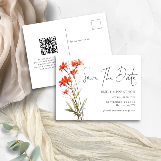 Boho Red Wildflowers QR Code Script Save The Date Postcard (Creator Uploaded)