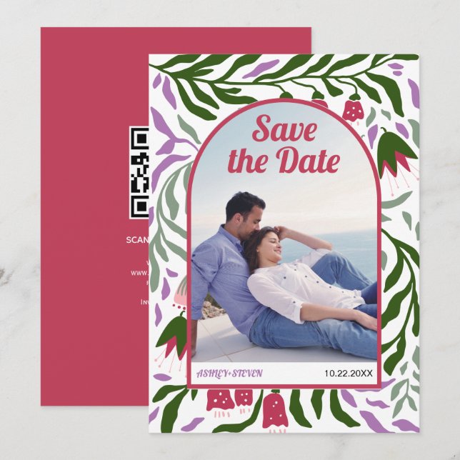 Boho retro arch colourful folklore flowers magenta save the date (Front/Back)